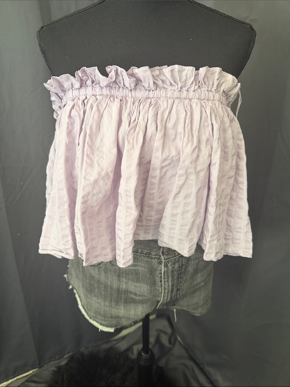 cult gaia Lavender Strapless Ruffle Smocked Crop Top